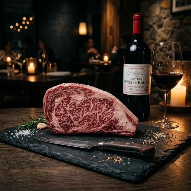 Corte de wagyu marmorizado com vinho tinto à luz de velas